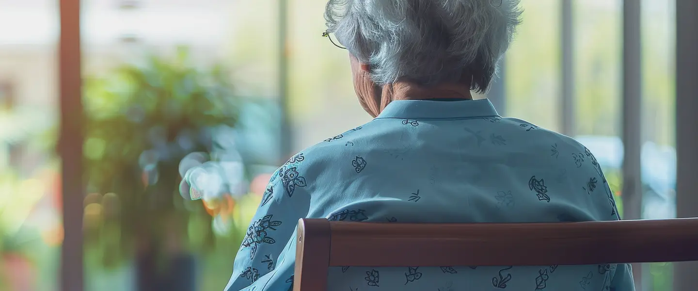 Person sitzt vor einem hellen Fenster, von hinten gesehen